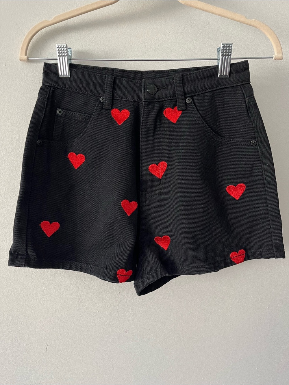 Lazy Oaf Black Denim Shorts with Red Heart Embroidery Sz 26